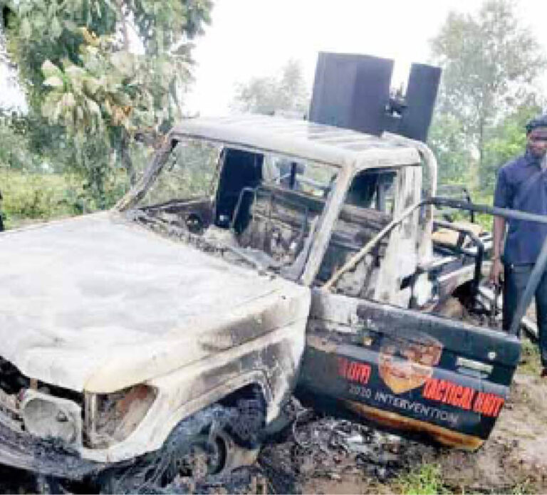 The-burnt-police-vehicle-during-the-attack-on-security-personnel-in-Kastina-Ala-LGA-of-Benue-State-on-Friday